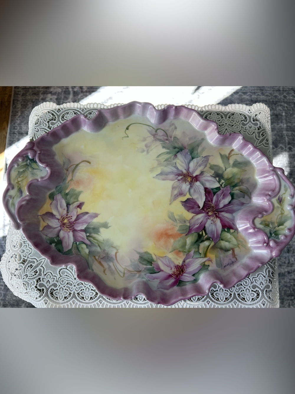 Hand painted Ruffled Floral Porcelain Serving Tray Bohemian Pottery